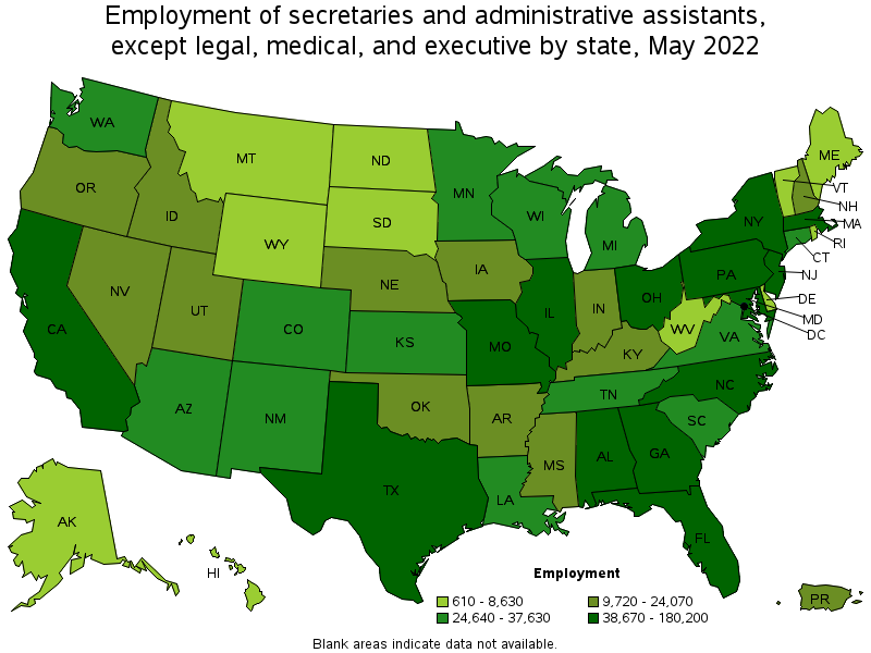 Map of employment of secretaries and administrative assistants, except legal, medical, and executive by state, May 2022