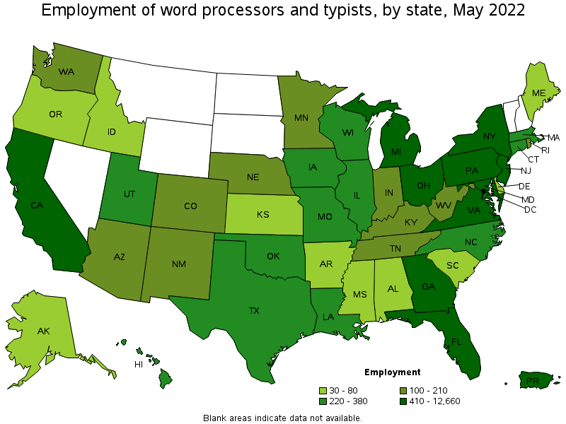 Map of employment of word processors and typists by state, May 2022