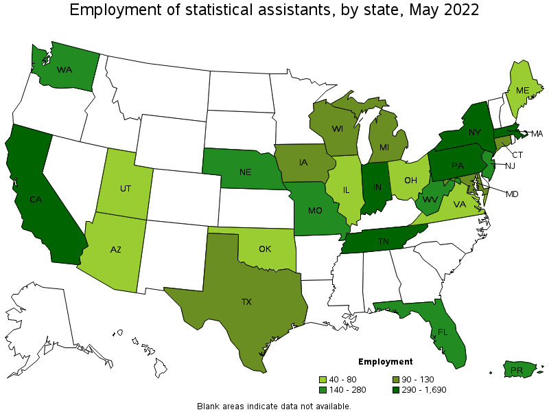 Map of employment of statistical assistants by state, May 2022