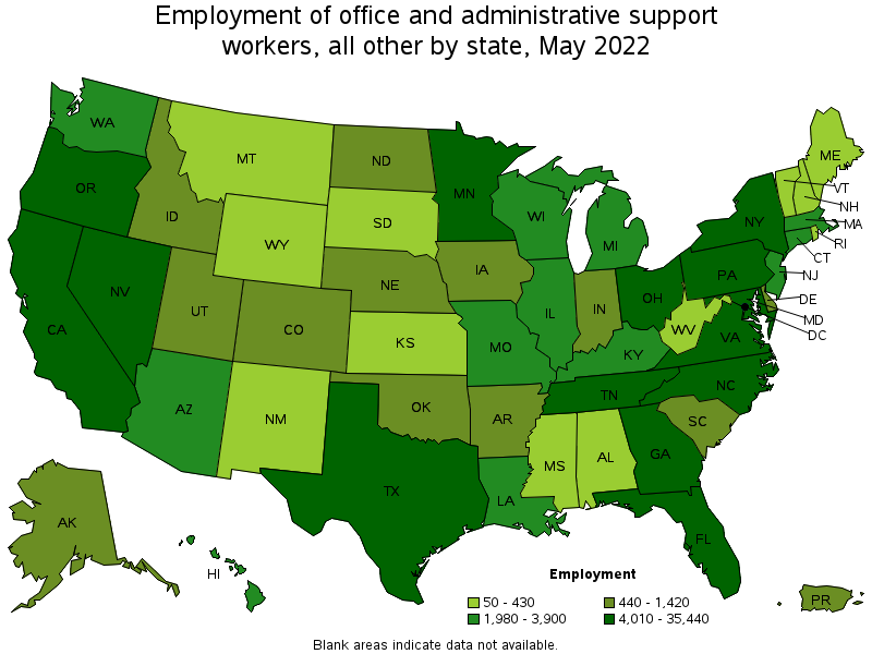 Map of employment of office and administrative support workers, all other by state, May 2022