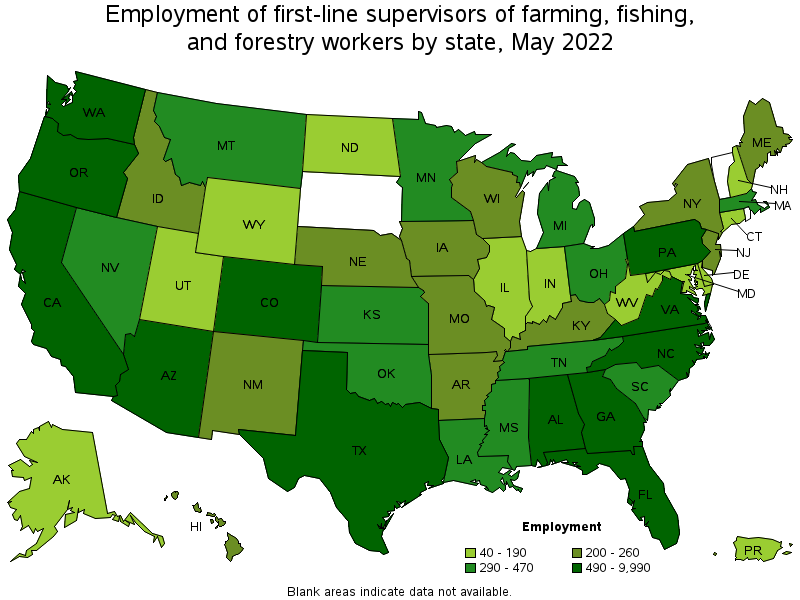 Map of employment of first-line supervisors of farming, fishing, and forestry workers by state, May 2022