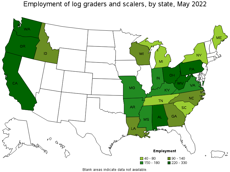 Map of employment of log graders and scalers by state, May 2022