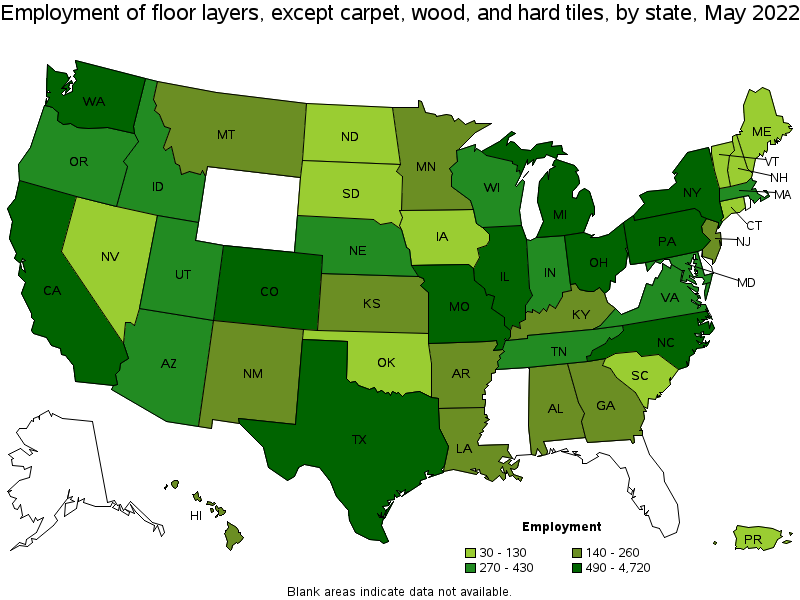 Map of employment of floor layers, except carpet, wood, and hard tiles by state, May 2022