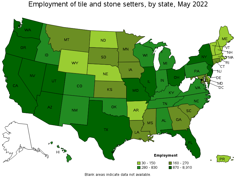 Map of employment of tile and stone setters by state, May 2022