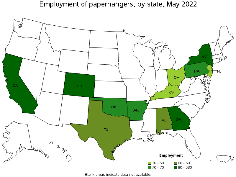 Map of employment of paperhangers by state, May 2022