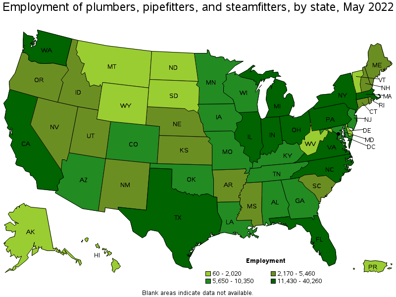 Map of employment of plumbers, pipefitters, and steamfitters by state, May 2022