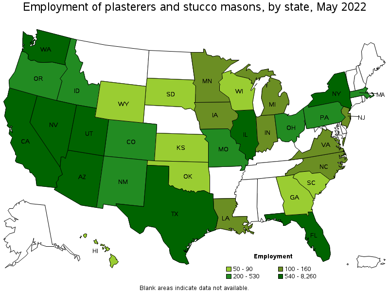 Map of employment of plasterers and stucco masons by state, May 2022