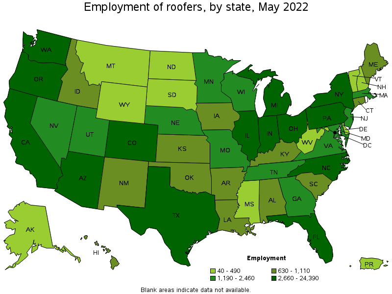 Map of employment of roofers by state, May 2022