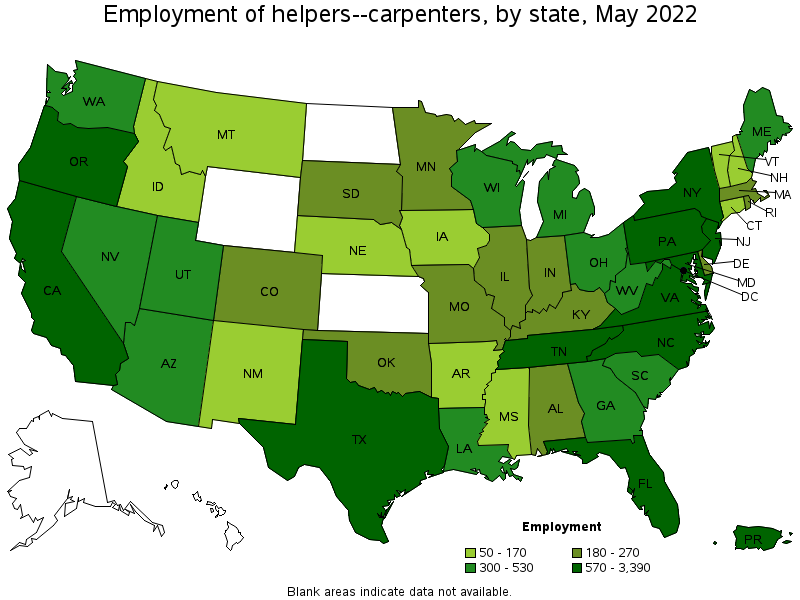 Map of employment of helpers--carpenters by state, May 2022