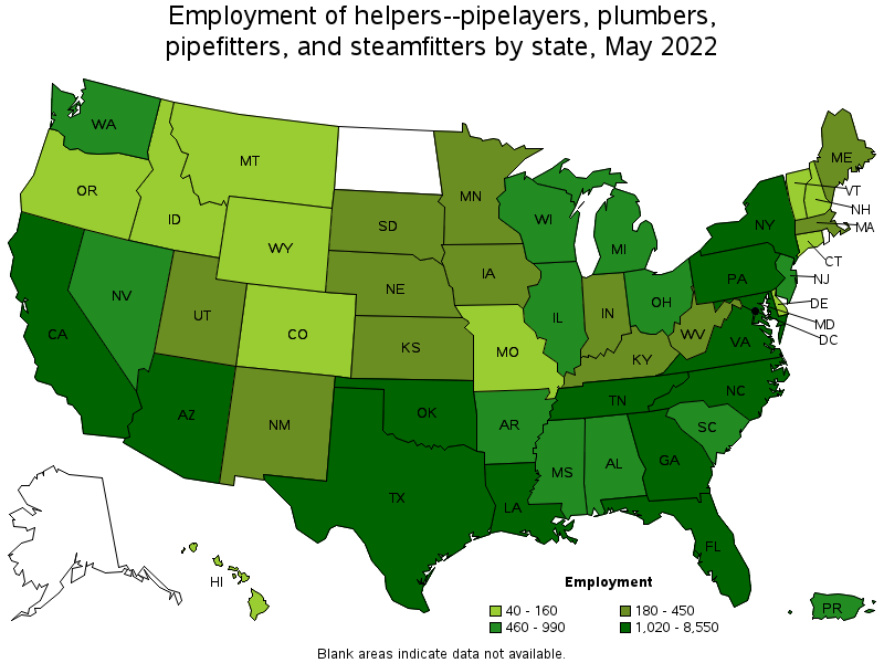 Map of employment of helpers--pipelayers, plumbers, pipefitters, and steamfitters by state, May 2022