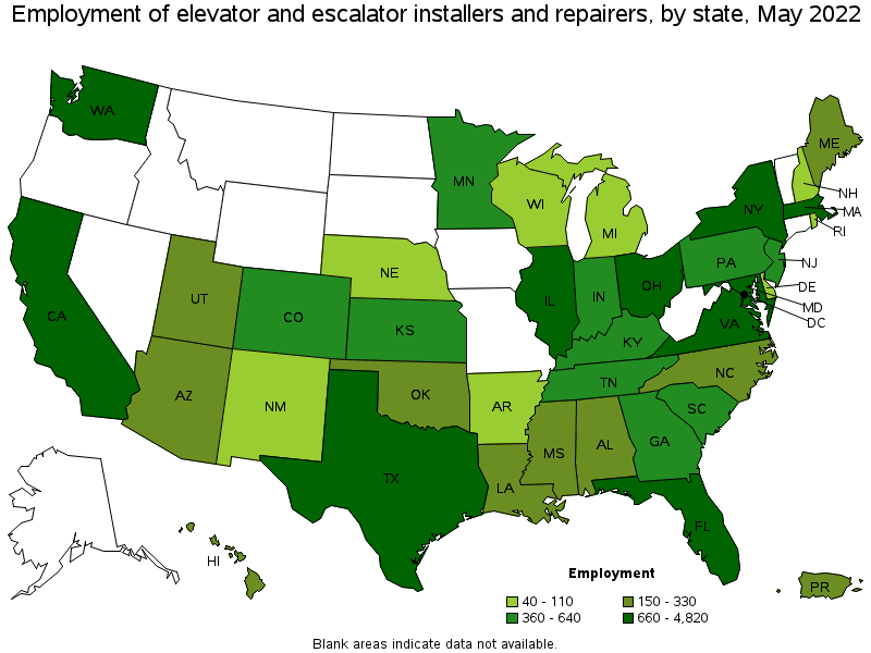 Map of employment of elevator and escalator installers and repairers by state, May 2022