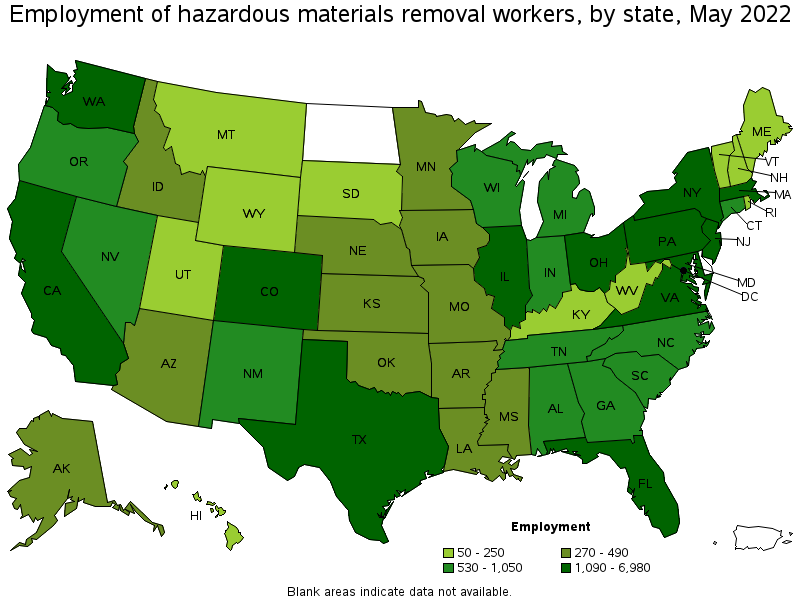 Map of employment of hazardous materials removal workers by state, May 2022