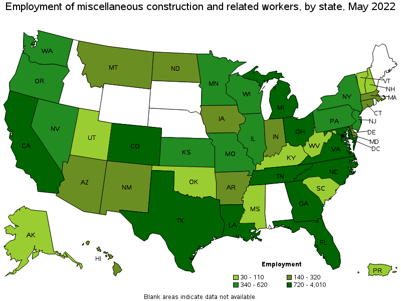 Map of employment of miscellaneous construction and related workers by state, May 2022