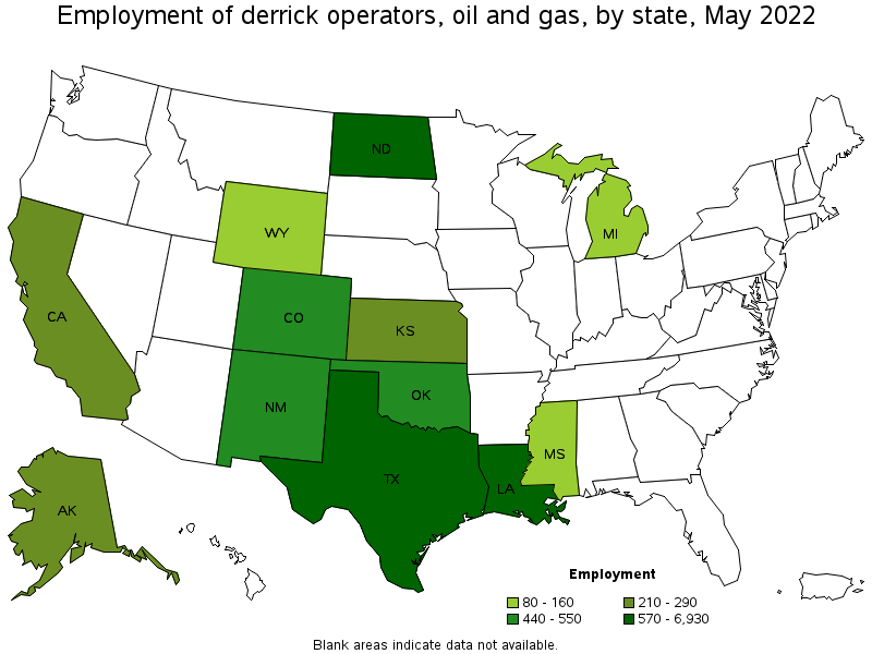 Map of employment of derrick operators, oil and gas by state, May 2022