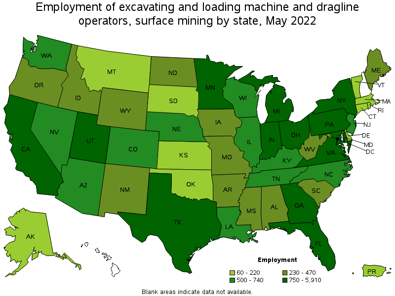 Map of employment of excavating and loading machine and dragline operators, surface mining by state, May 2022