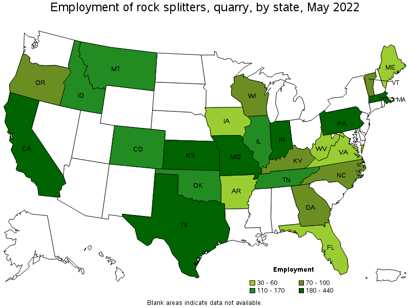 Map of employment of rock splitters, quarry by state, May 2022