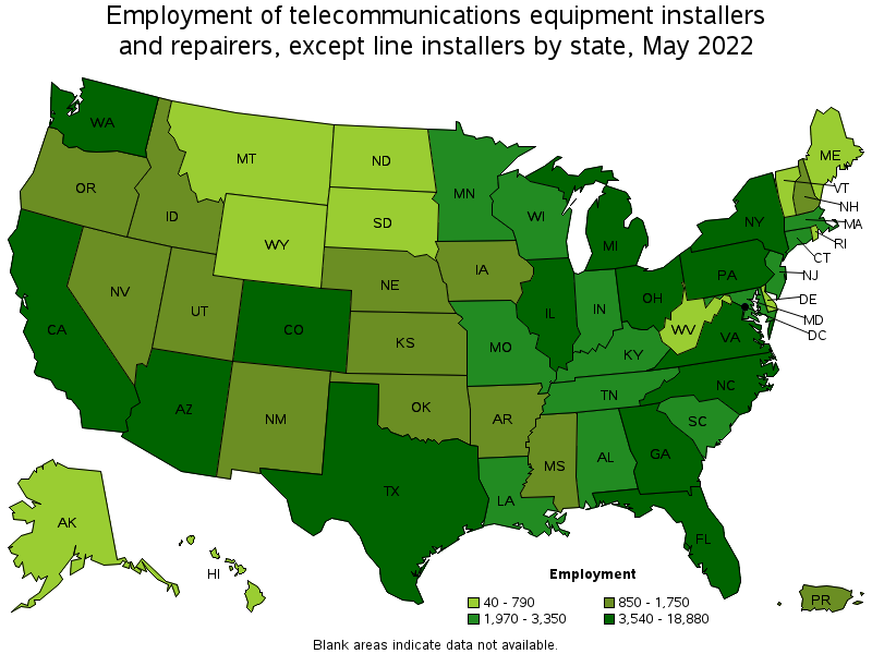 Map of employment of telecommunications equipment installers and repairers, except line installers by state, May 2022