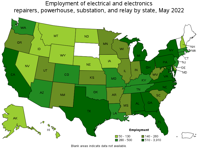 Map of employment of electrical and electronics repairers, powerhouse, substation, and relay by state, May 2022