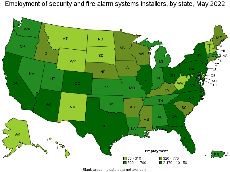 Map of employment of security and fire alarm systems installers by state, May 2022