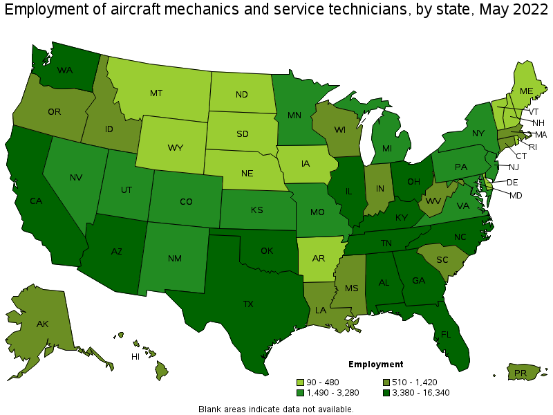 Map of employment of aircraft mechanics and service technicians by state, May 2022