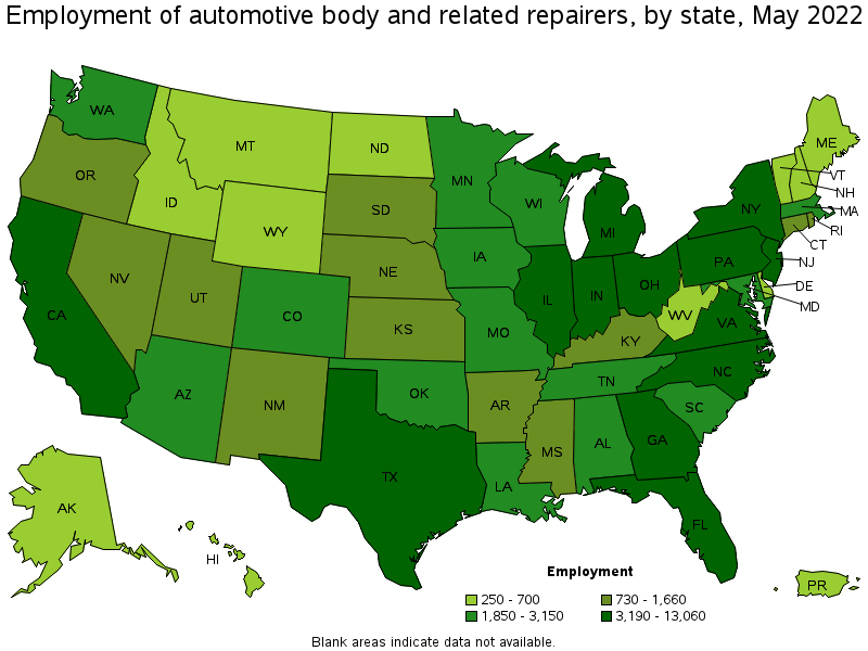 Map of employment of automotive body and related repairers by state, May 2022