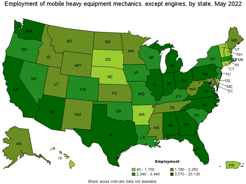 Map of employment of mobile heavy equipment mechanics, except engines by state, May 2022