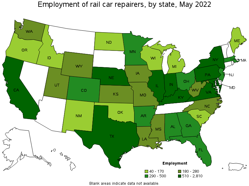 Map of employment of rail car repairers by state, May 2022