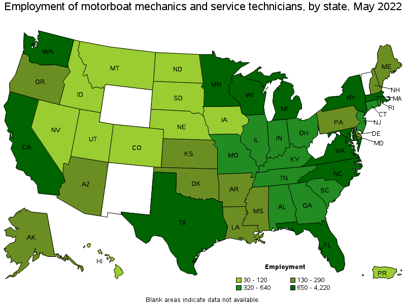 Map of employment of motorboat mechanics and service technicians by state, May 2022