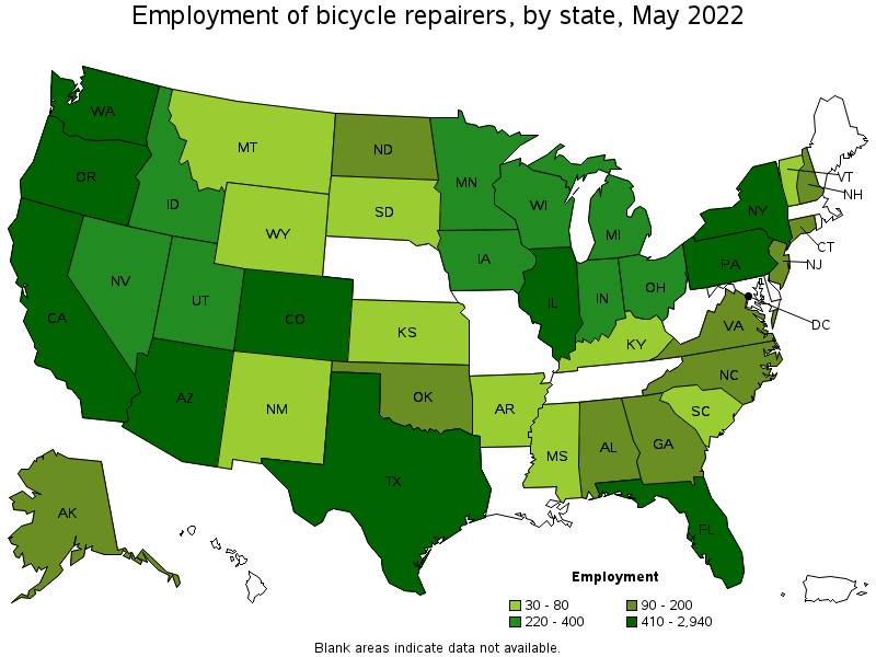 Map of employment of bicycle repairers by state, May 2022