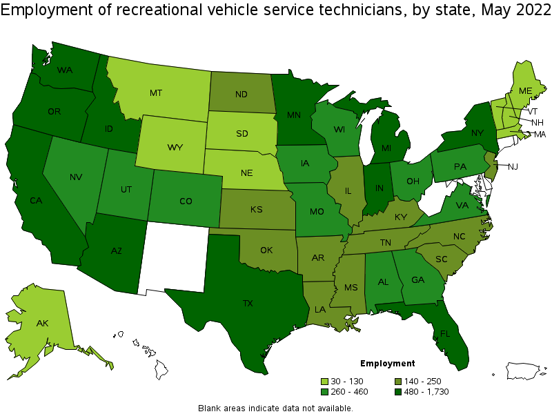 Map of employment of recreational vehicle service technicians by state, May 2022