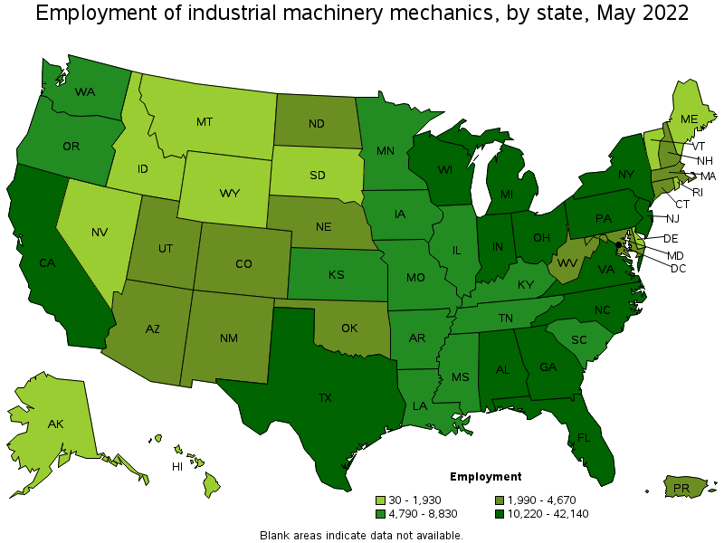 Map of employment of industrial machinery mechanics by state, May 2022