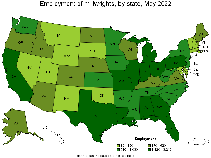 Map of employment of millwrights by state, May 2022