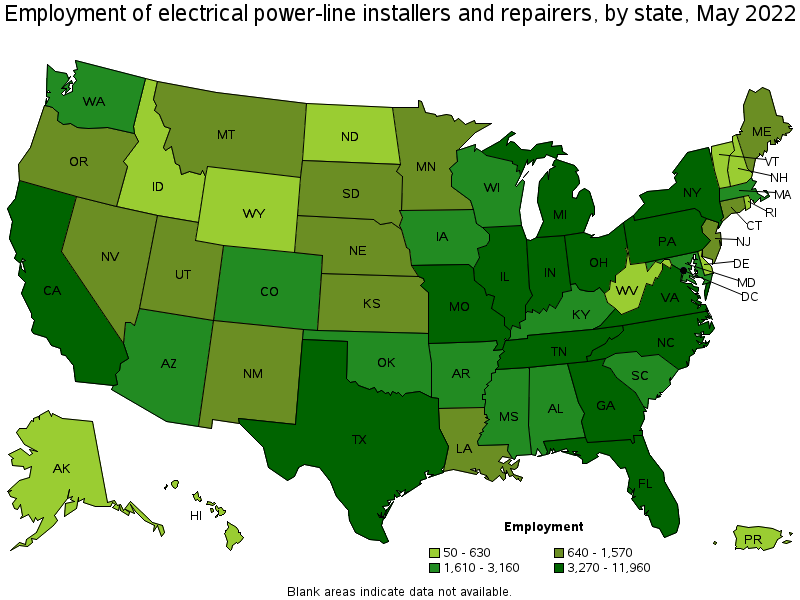 Map of employment of electrical power-line installers and repairers by state, May 2022