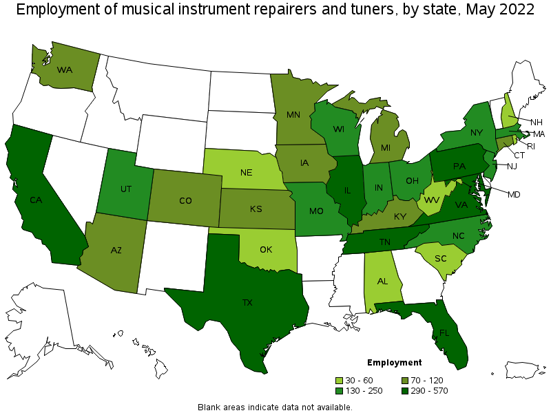 Map of employment of musical instrument repairers and tuners by state, May 2022