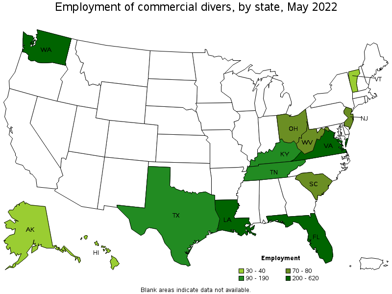 Map of employment of commercial divers by state, May 2022