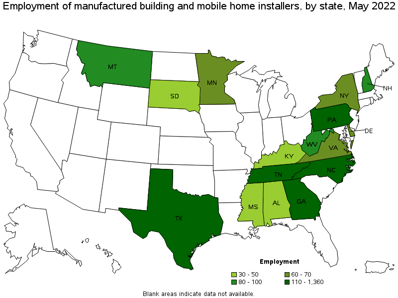 Map of employment of manufactured building and mobile home installers by state, May 2022