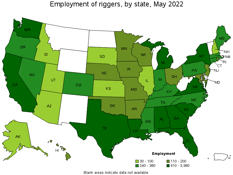 Map of employment of riggers by state, May 2022