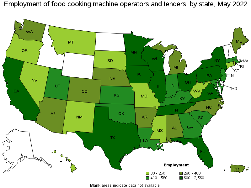 Map of employment of food cooking machine operators and tenders by state, May 2022