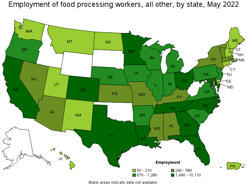 Map of employment of food processing workers, all other by state, May 2022