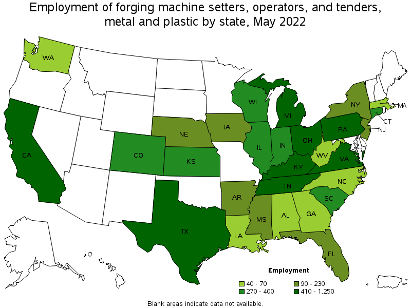 Map of employment of forging machine setters, operators, and tenders, metal and plastic by state, May 2022