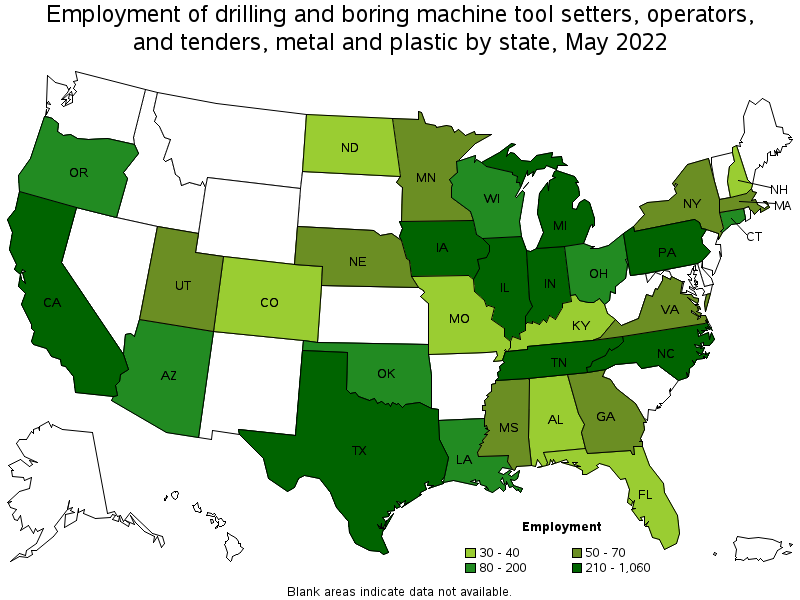 Map of employment of drilling and boring machine tool setters, operators, and tenders, metal and plastic by state, May 2022
