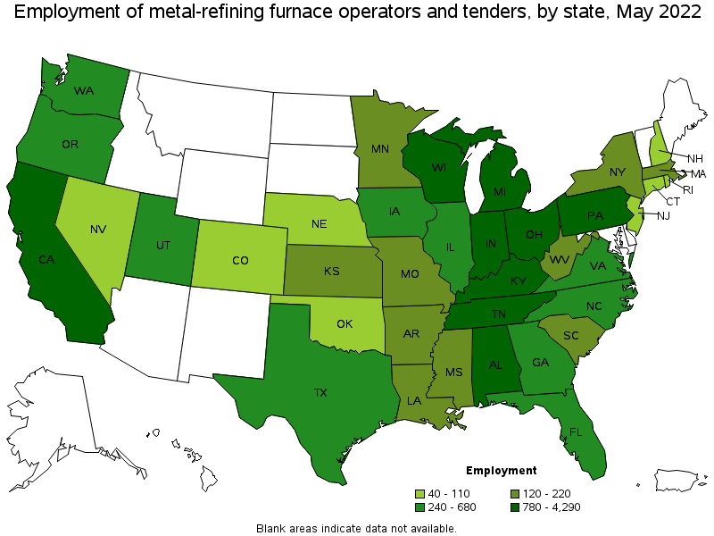 Map of employment of metal-refining furnace operators and tenders by state, May 2022