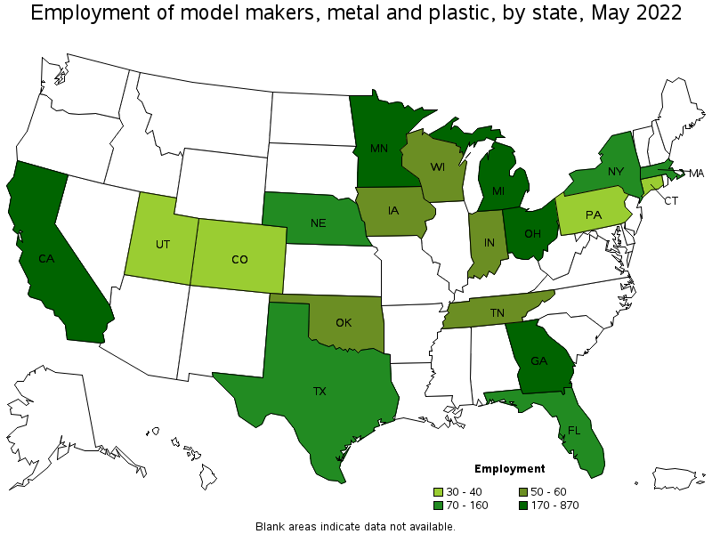 Map of employment of model makers, metal and plastic by state, May 2022