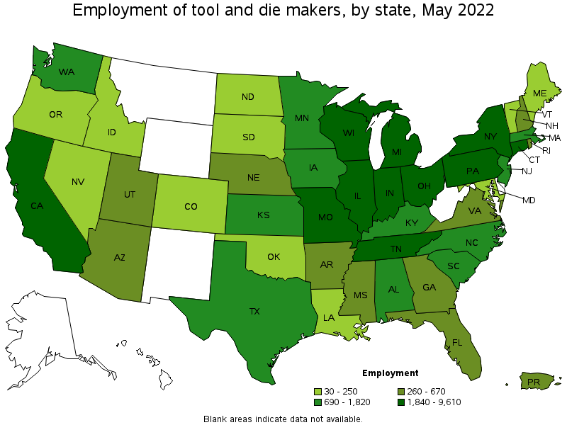 Map of employment of tool and die makers by state, May 2022