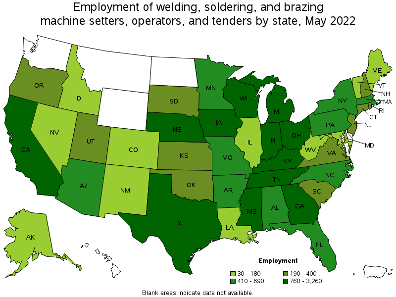 Map of employment of welding, soldering, and brazing machine setters, operators, and tenders by state, May 2022