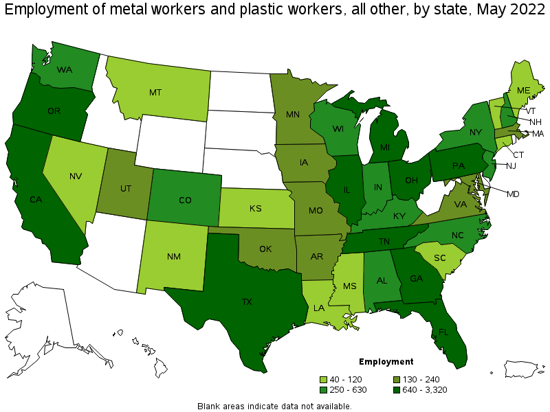 Map of employment of metal workers and plastic workers, all other by state, May 2022