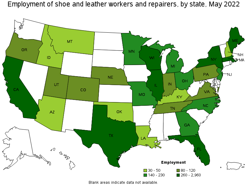 Map of employment of shoe and leather workers and repairers by state, May 2022