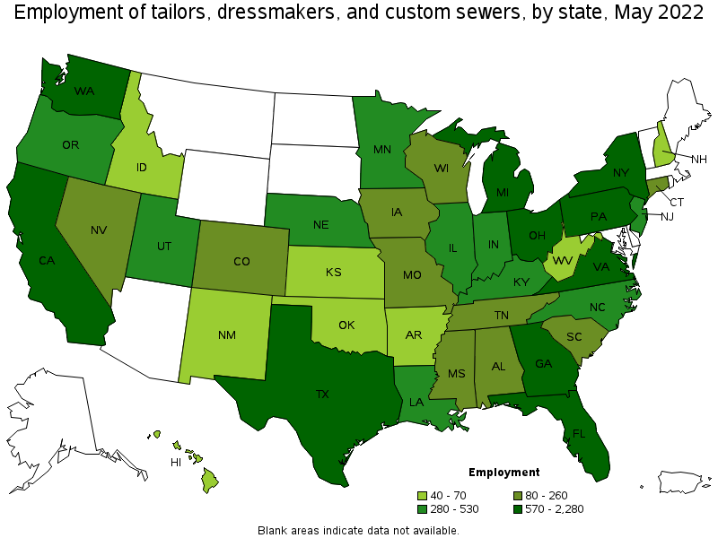 Map of employment of tailors, dressmakers, and custom sewers by state, May 2022