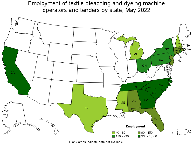 Map of employment of textile bleaching and dyeing machine operators and tenders by state, May 2022