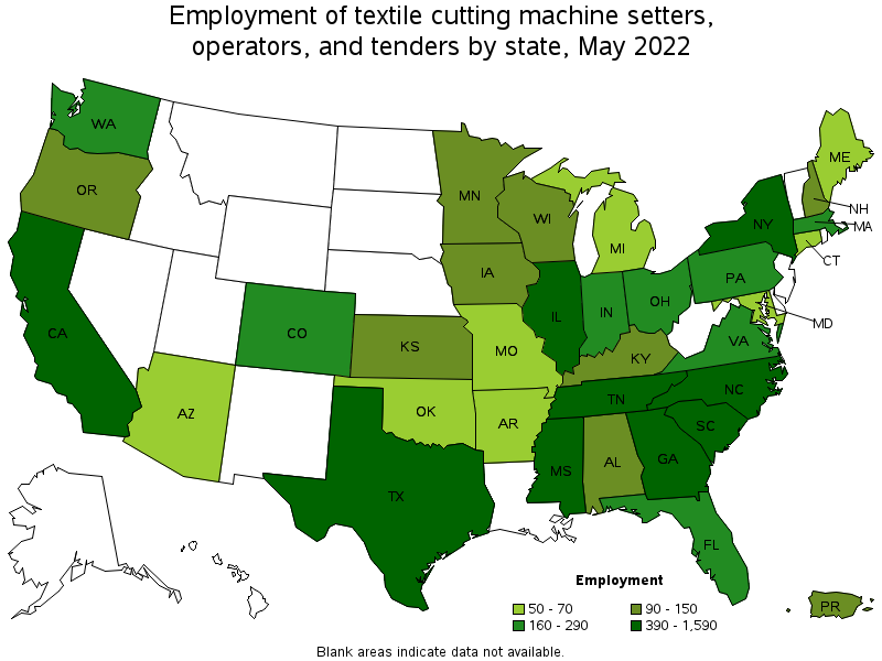 Map of employment of textile cutting machine setters, operators, and tenders by state, May 2022